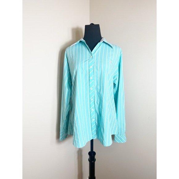 Vintage 1990s LILLY PULITZER Women Shirt 16 Button Up Long Sleeve Teal Stripe - Picture 1 of 6
